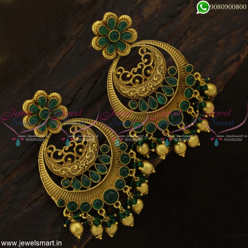 Navrattan Jadau Long Chandbali Earrings in Gold Plated Silver ER 145