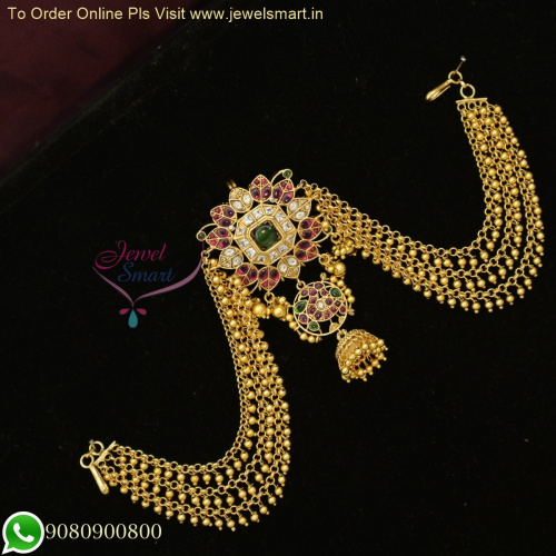 Bridal Jada Billa Choti with 3 Layer Ear Chains, Mattal Adorned with Golden Beads H26142
