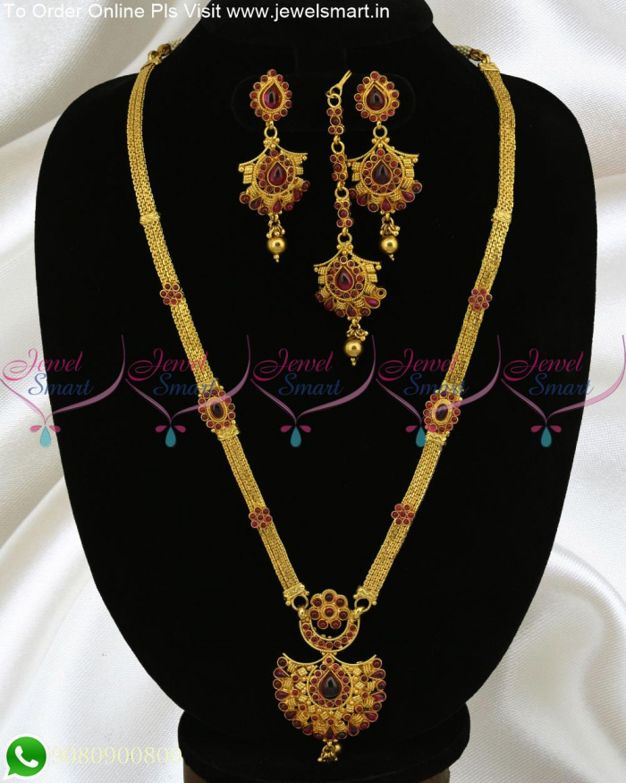 Real Kemp Bridal Long Necklace Gold Haram Design Maang Tikka Set Online ...