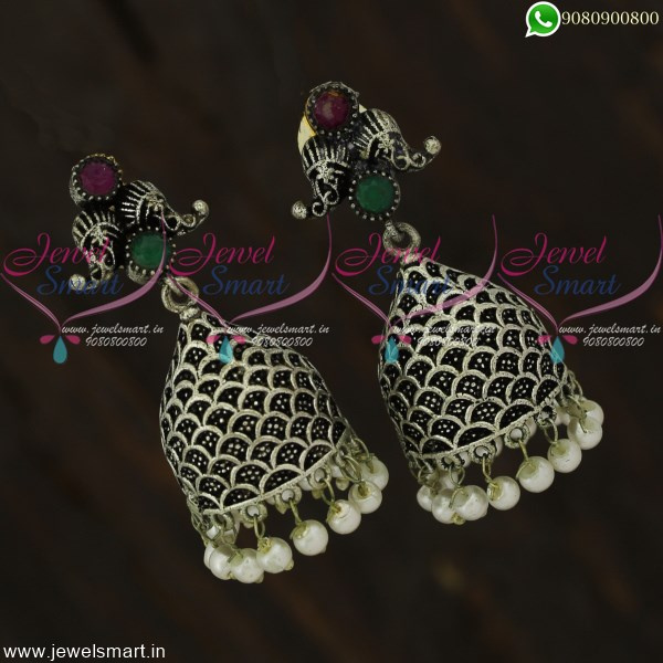 Oxidised Jewellery Jhumka Earrings Silver Plated Antique Collections J22114