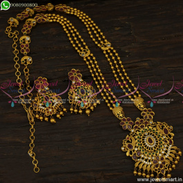 Delicate 3 Line Beads Antique Gold Long Necklace Mugappu Model Haram ...