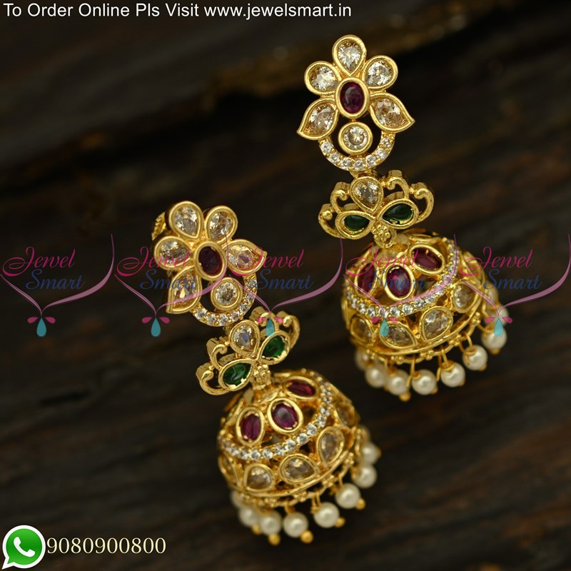 Temple Design Stone Studded Lakshmi Jhumka Earrings  Urshi Collections