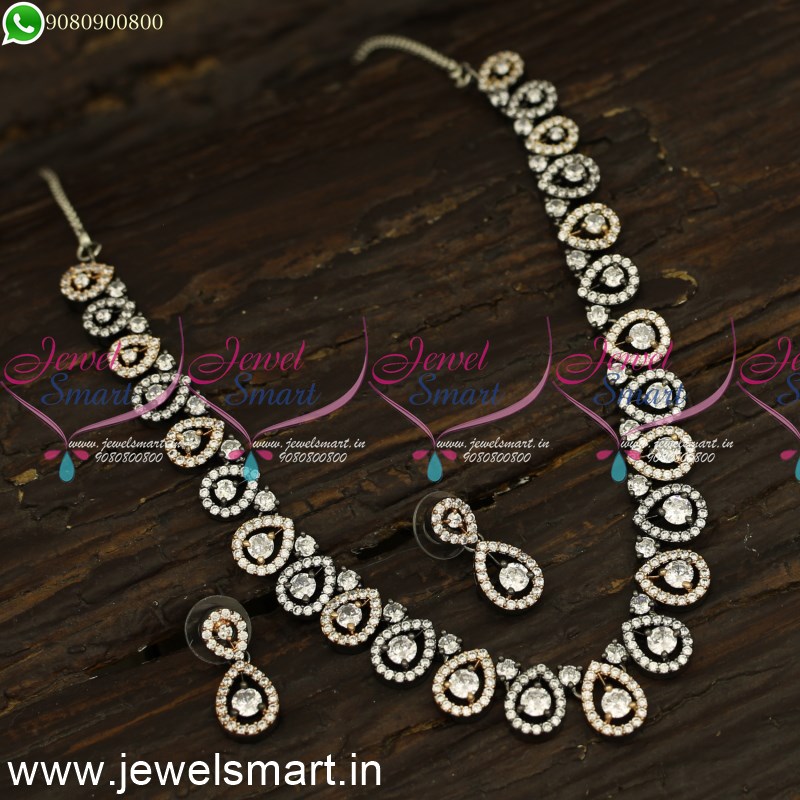 Glowing Cz White Stone Diamond Necklace Designs Ideas Silver Rose Gold And  Oxidised Nl24190