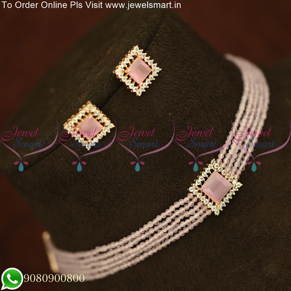 American Diamond Wedding Choker necklace low price | Cz Crystal choker  necklace | Rhodium-Silver tone AD Bridal choker set | Indian Designs