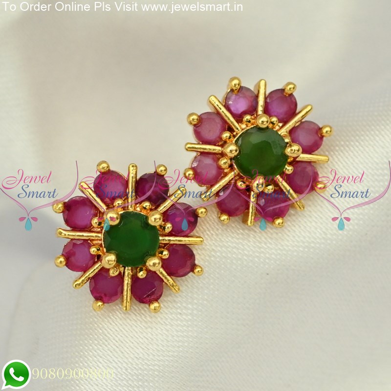 8 Petal Emerald Stone Gold Studs Earrings Shop Online ER3892