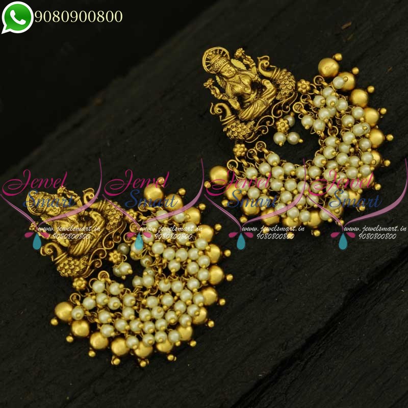 Golden Chandbali Earrings With Peacock And Pearl Design